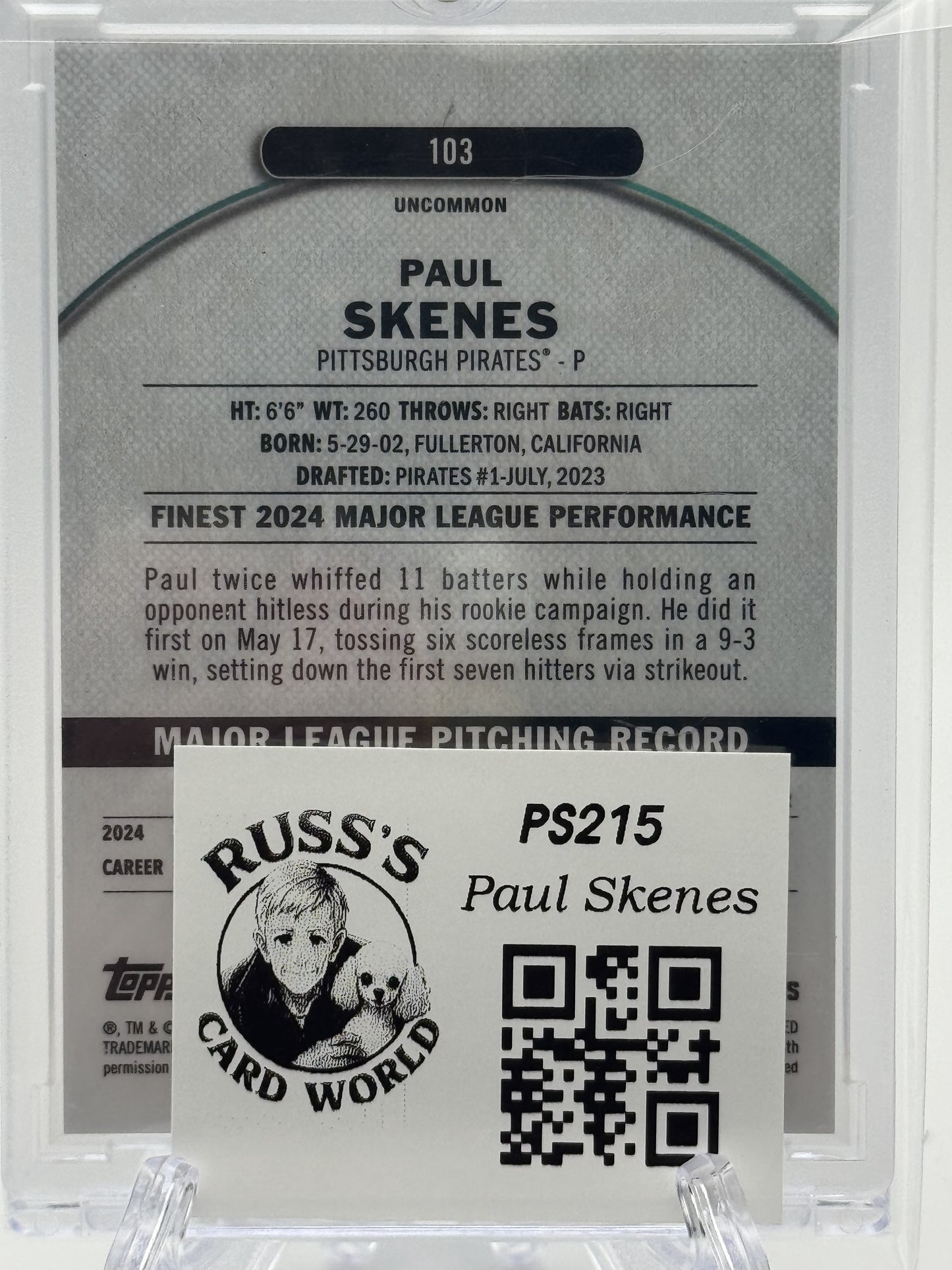 2025 Finest #103 Paul Skenes Black Refractor # 4/15