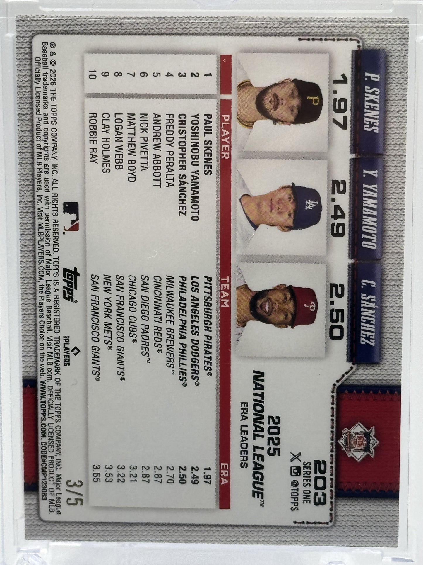 2026 Topps #203 Paul Skenes /Yamamoto / Sánchez Red Holo Foil # 3/5