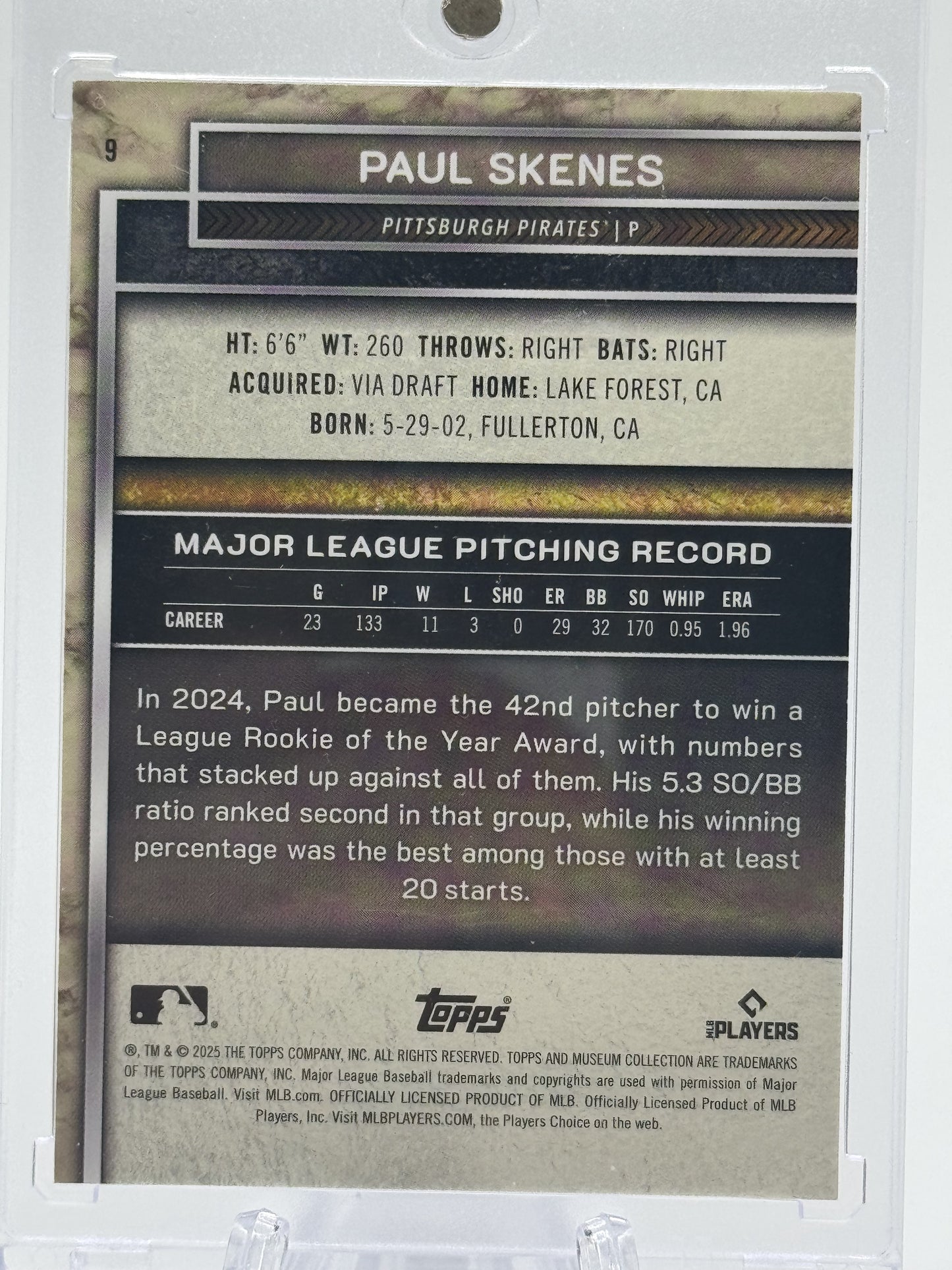2025 Topps Museum Collection #9 Paul Skenes Blue Topaz # 07/25