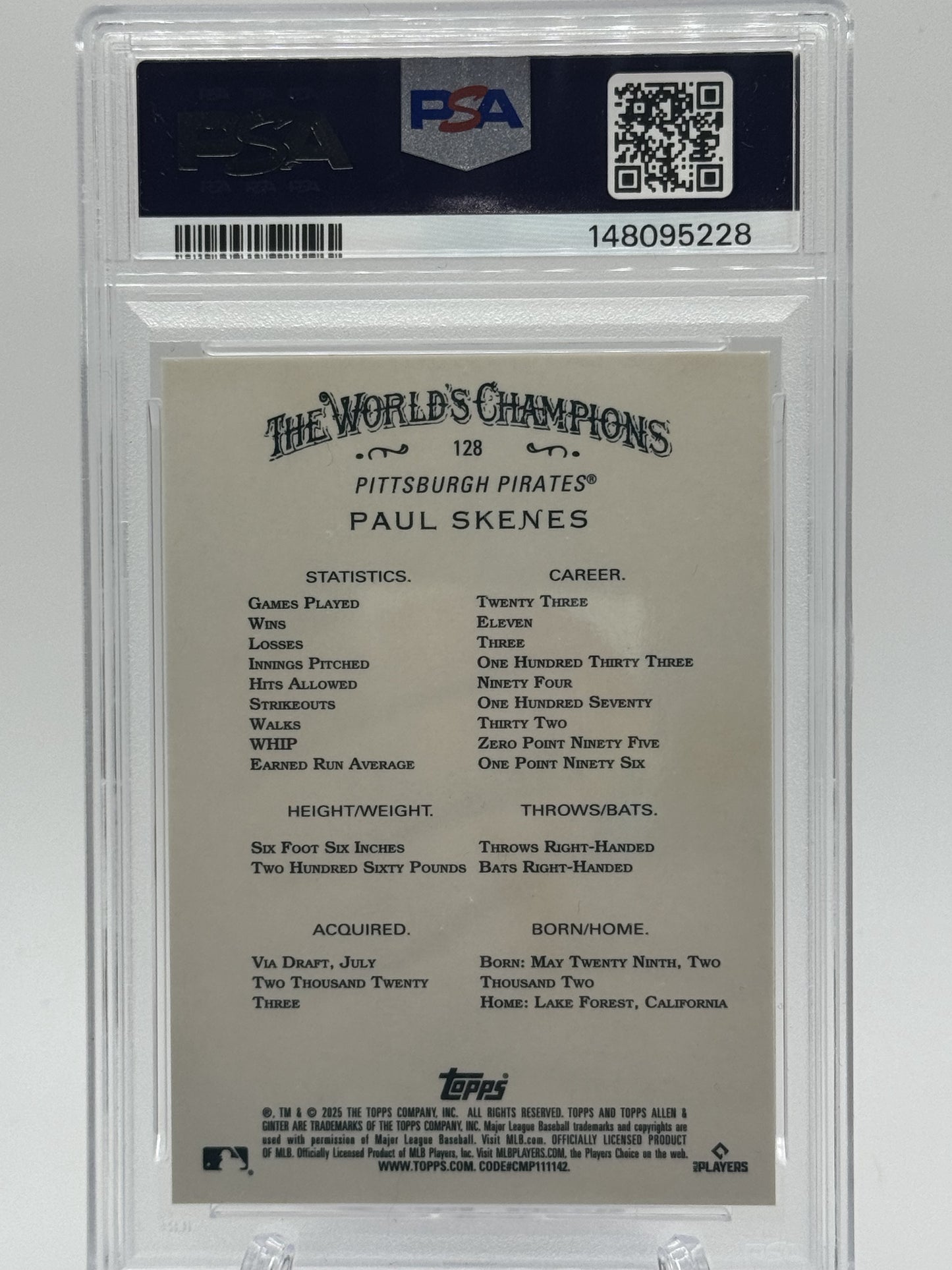 2025 Topps Allen & Ginter #128 Paul Skenes Chrome Orange Refractor PSA 10 # 4/25
