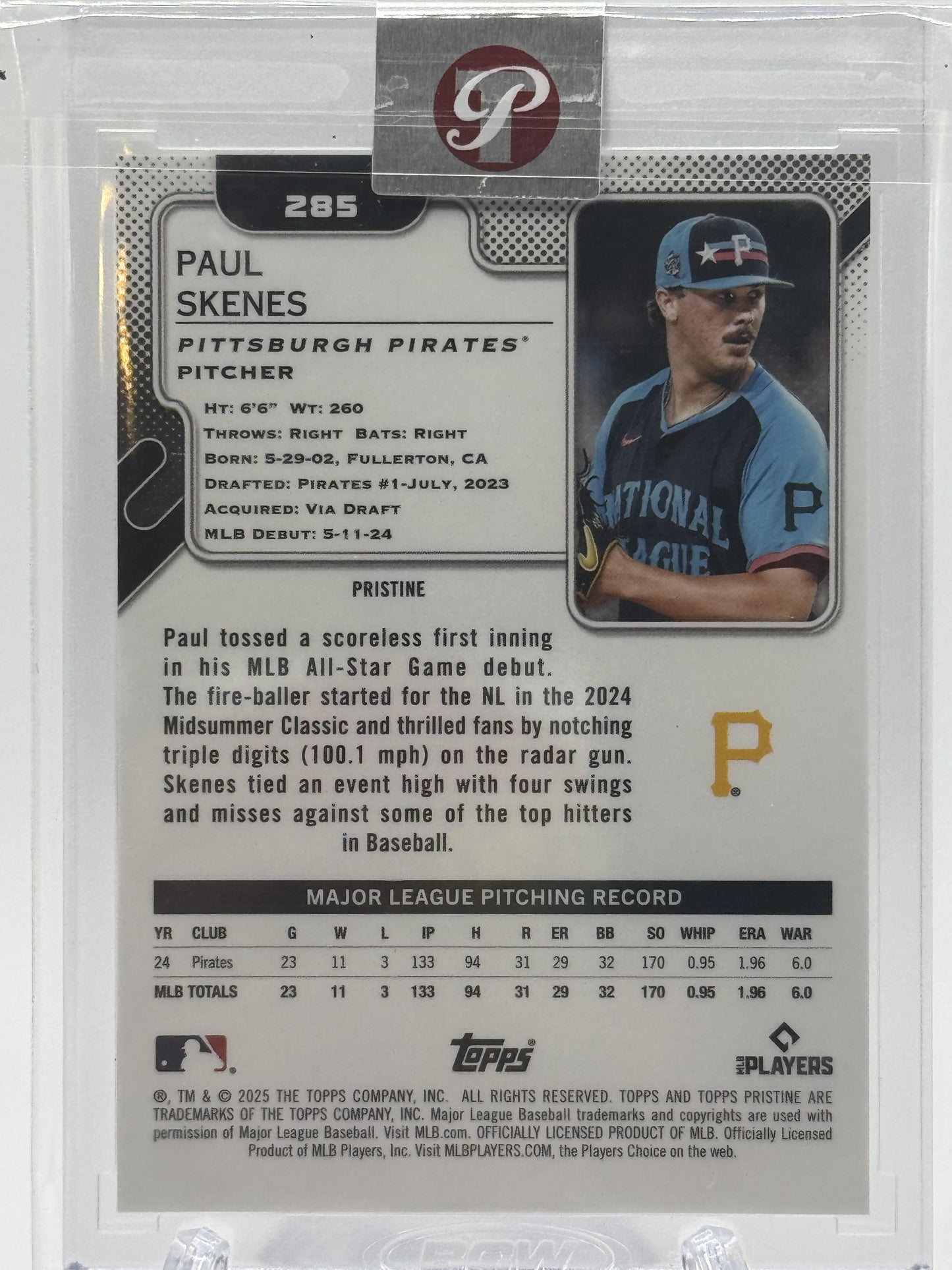 2025 Topps Pristine #285 Paul Skenes Pristine Primaries Refractor # 7/10