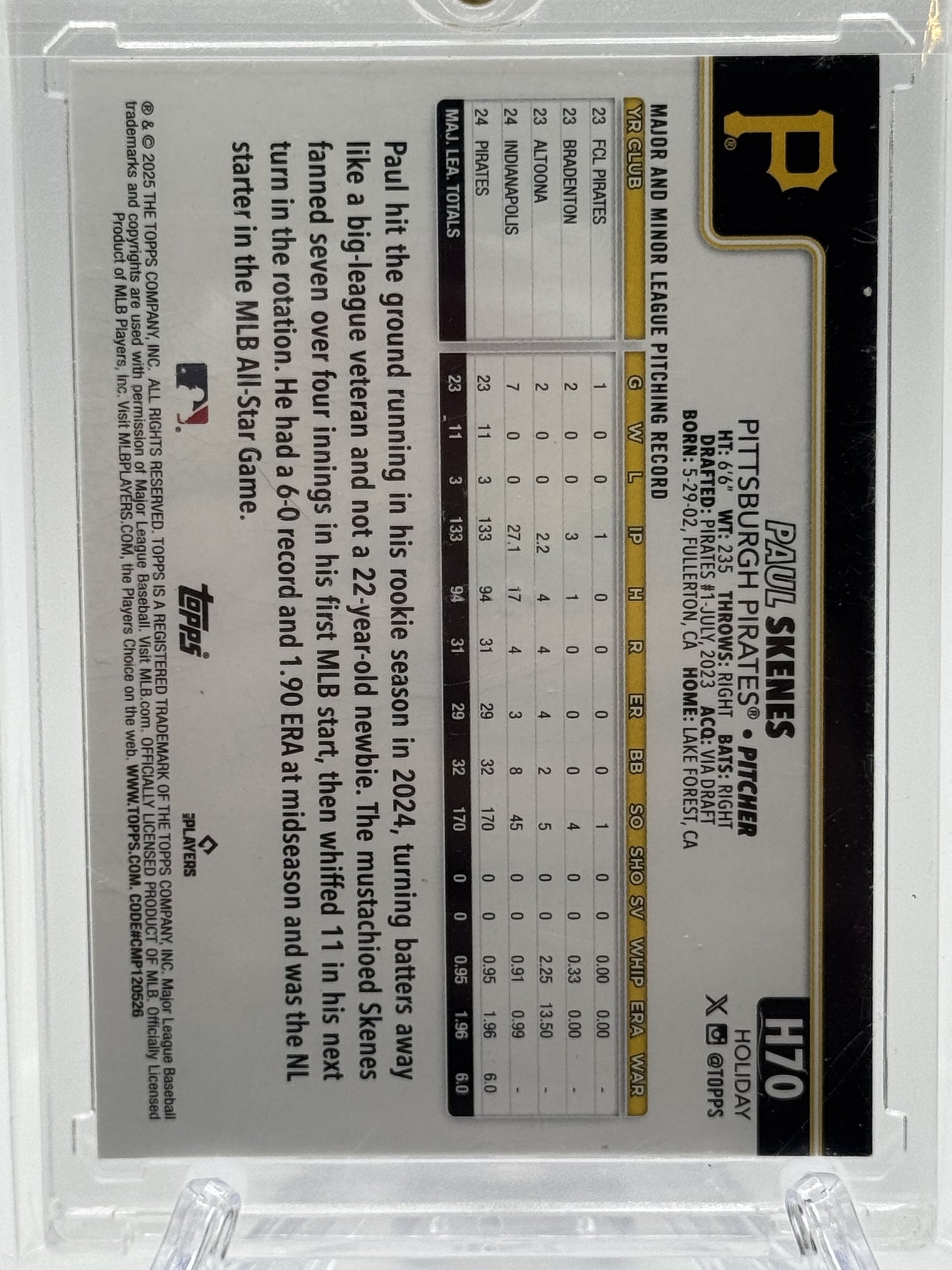 2025 Topps Holiday #H70 Paul Skenes Stocking Stuffer Metallic Stocking /10