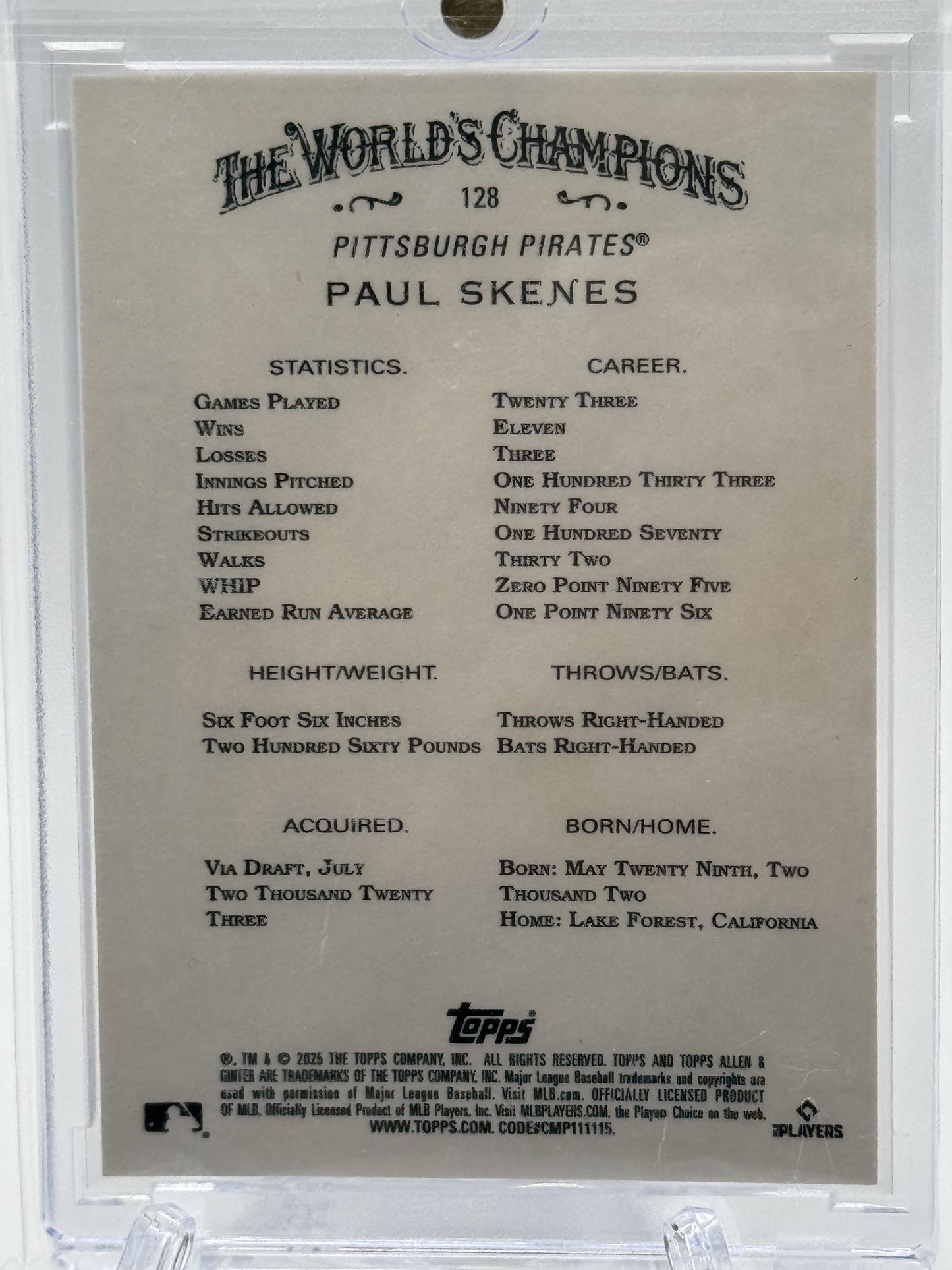 2025 Topps Allen & Ginter #128 Paul Skenes Foil Filagree Orange # 8/25