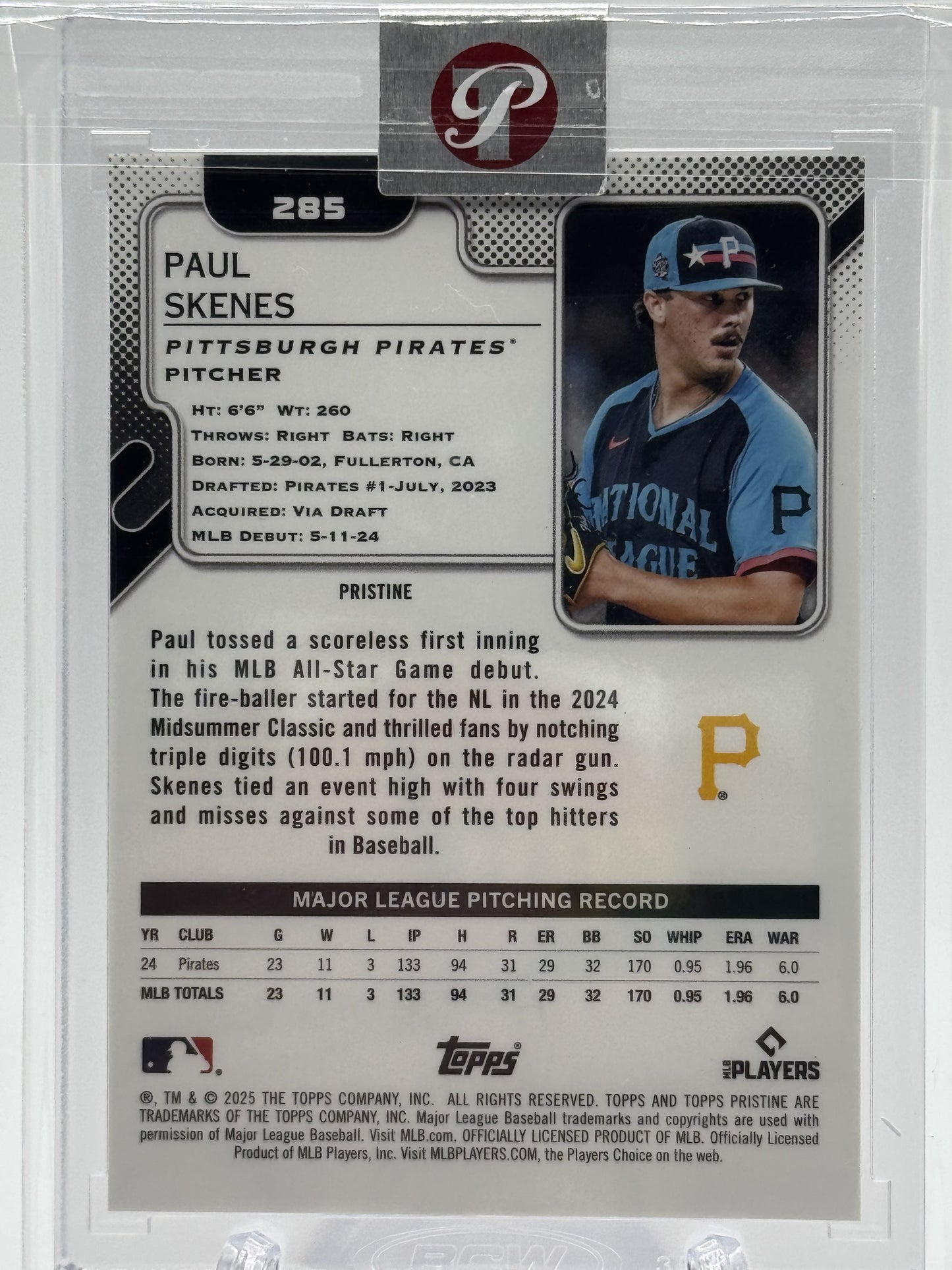 2025 Topps Pristine #285 Paul Skenes Pristine Red Refractor # 4/5