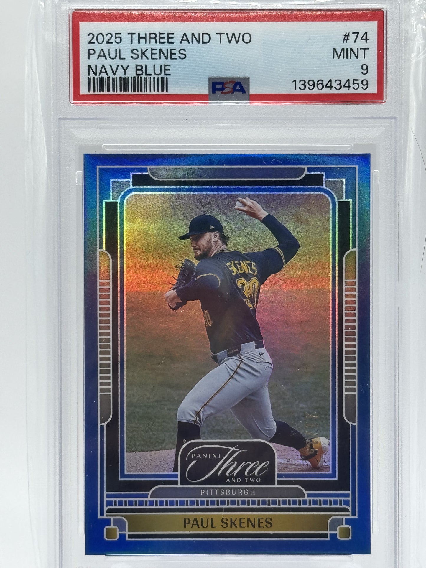 2025 Panini Three and Two #74 Paul Skenes Navy Blue PSA 9 # 21/25