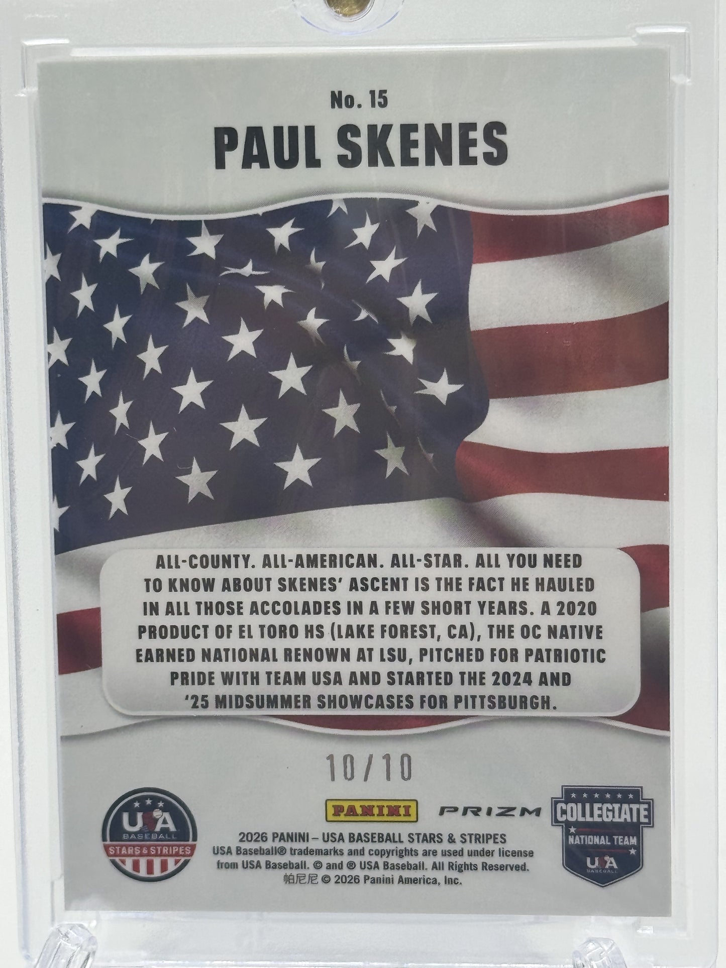 2026 Panini Prizm USA Baseball #15 Paul Skenes All-American Prizms Gold # 10/10